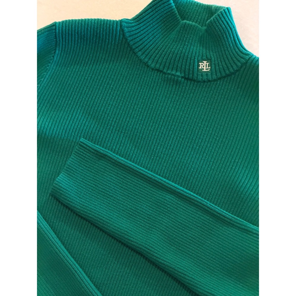 Lauren Ralph Lauren Womens Emerald Green Ribbed Mock Neck Cotton Sweater Size M